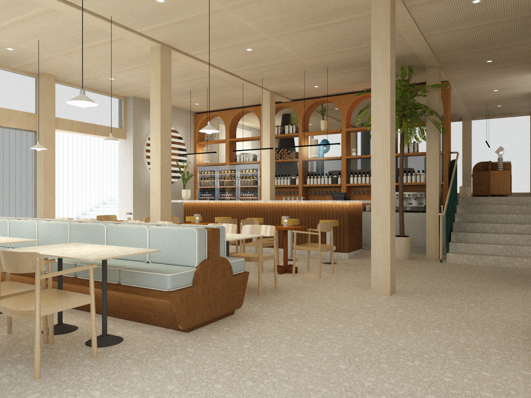 Photo du bar de l’Hôtel de Port Gitana : un espace élégant et contemporain, baigné de lumière naturelle grâce à de larges ouvertures. Le bar se distingue par son comptoir en bois chaleureux, souligné par des arches décoratives et des étagères raffinées où s’exposent bouteilles et verrerie. L’ambiance est conviviale et moderne, avec des assises confortables et un jeu subtil de matières naturelles, comme le bois clair et les touches végétales. Les lignes épurées, l’éclairage suspendu et la disposition aérée créent un cadre accueillant, idéal pour savourer un verre ou partager un moment entre amis, dans un décor à la fois chic et décontracté au bord du lac Léman.