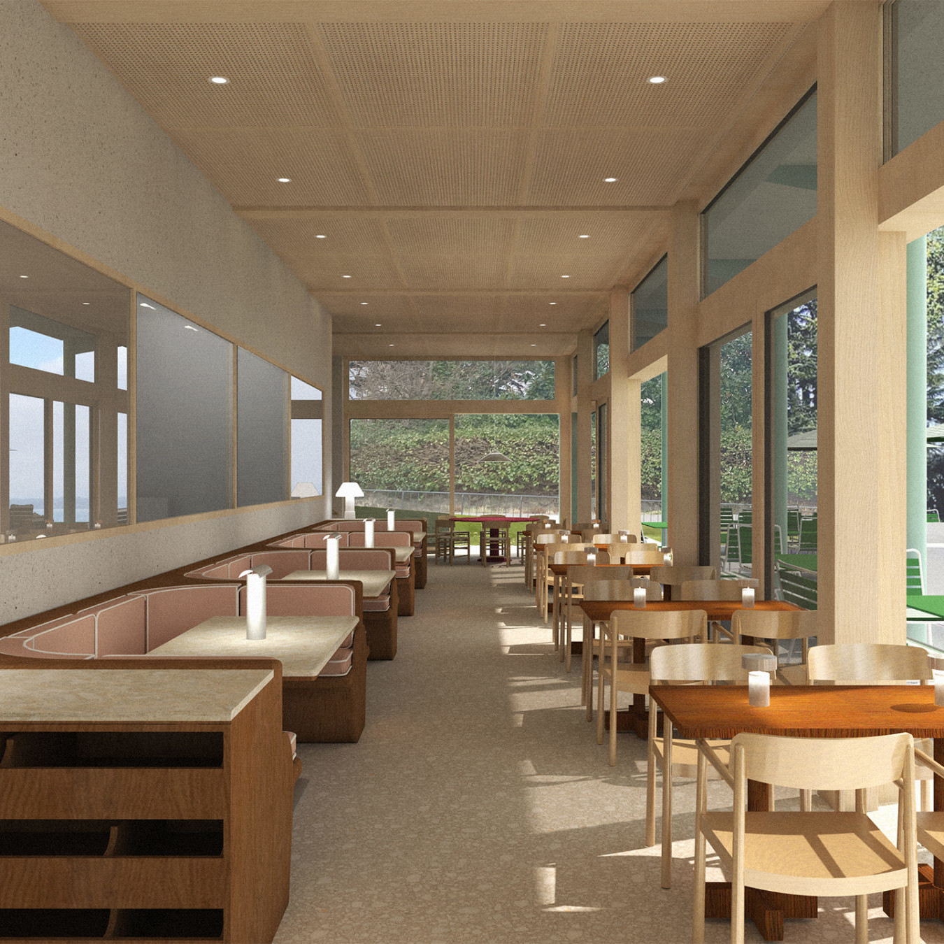 Photo de la salle de restaurant de l’Hôtel de Port Gitana : un espace lumineux et moderne, baigné de lumière naturelle grâce à de larges baies vitrées qui s’ouvrent sur la terrasse et le jardin. L’intérieur se distingue par ses élégantes banquettes en alcôves, idéales pour des repas en toute intimité, ainsi que par ses tables en bois clair et son mobilier épuré. L’ambiance chaleureuse, accentuée par un éclairage doux et une décoration sobre, crée un cadre convivial et raffiné pour savourer un repas au bord du lac Léman.