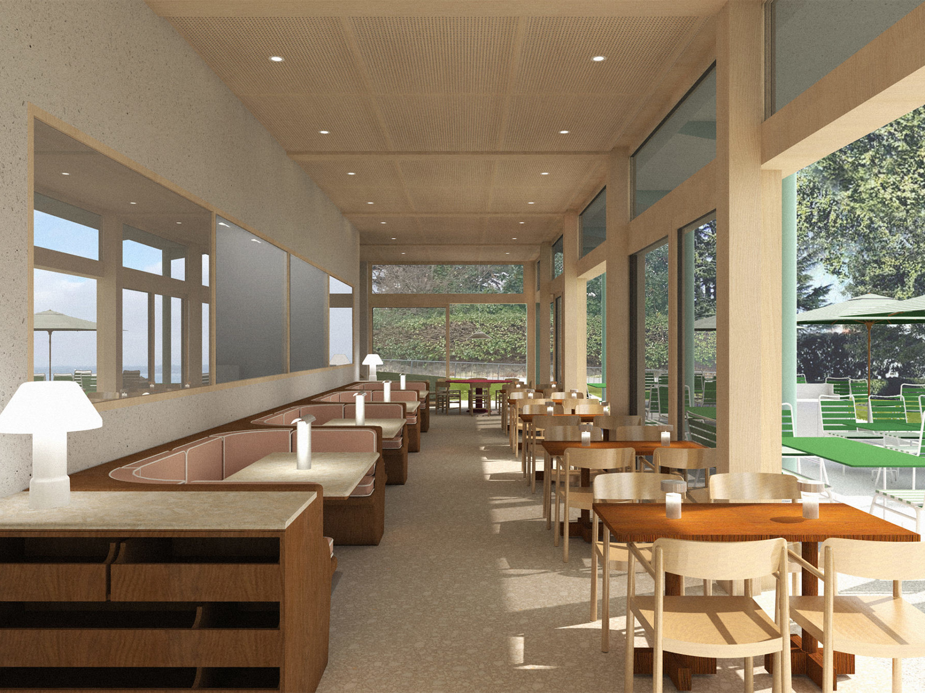 Photo de la salle de restaurant de l’Hôtel de Port Gitana : un espace lumineux et moderne, baigné de lumière naturelle grâce à de larges baies vitrées qui s’ouvrent sur la terrasse et le jardin. L’intérieur se distingue par ses élégantes banquettes en alcôves, idéales pour des repas en toute intimité, ainsi que par ses tables en bois clair et son mobilier épuré. L’ambiance chaleureuse, accentuée par un éclairage doux et une décoration sobre, crée un cadre convivial et raffiné pour savourer un repas au bord du lac Léman.