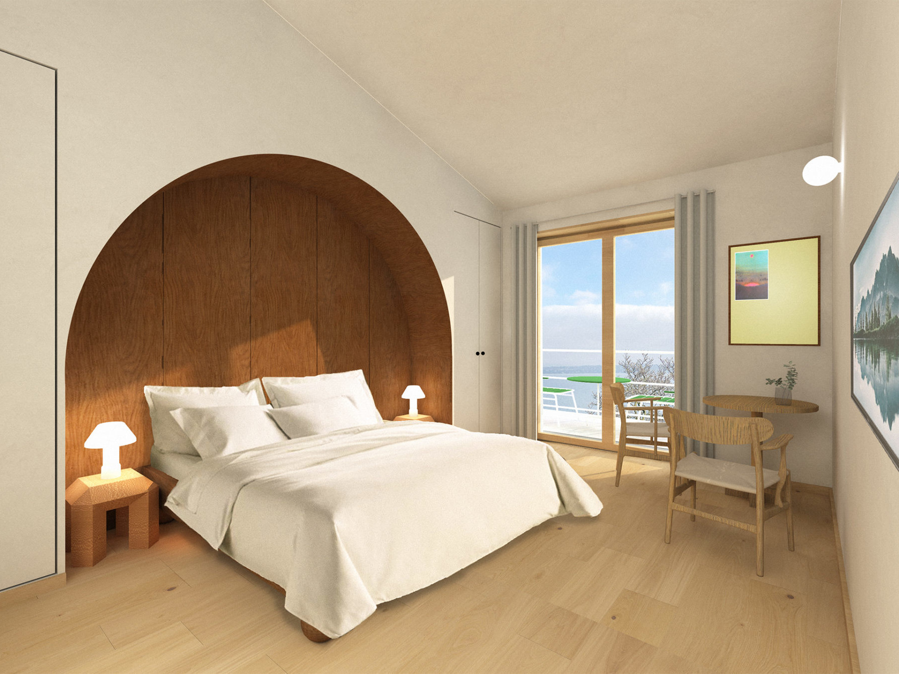 Photo de la chambre Léman de l’Hôtel de Port Gitana : au centre de la pièce, un lit double habillé de linge blanc est mis en valeur par une tête de lit arrondie en bois, qui crée une alcôve chaleureuse et élégante. De chaque côté du lit, des tables de chevet assorties accueillent des lampes design. À droite, un coin salon épuré comprend une table ronde en bois clair et deux chaises, placé près d’une grande baie vitrée qui laisse entrer la lumière naturelle et ouvre sur une vue sur le lac Léman. Les murs clairs sont décorés de tableaux minimalistes, contribuant à l’atmosphère paisible et contemporaine de la chambre. Le sol en bois clair et les lignes sobres du mobilier renforcent la sensation d’espace et de sérénité.