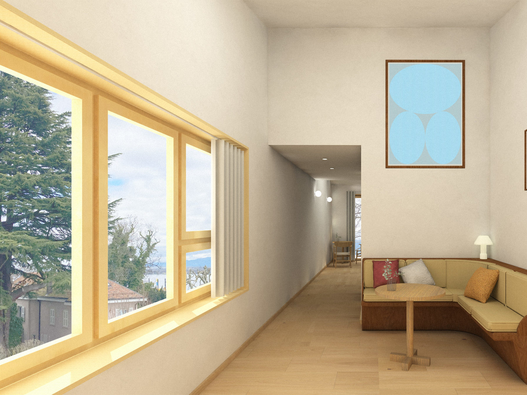 Photo du coin de la suite Mont Blanc à l’Auberge de Port Gitana : un espace lumineux et raffiné, où un coin salon confortable est aménagé près d’une large baie vitrée. Ce coin détente, composé de fauteuils élégants et d’une table basse, invite à profiter d’une vue imprenable sur le lac Léman et le Mont-Blanc. Les tons clairs, les matériaux naturels et la lumière naturelle qui inonde la pièce créent une atmosphère paisible et sophistiquée, idéale pour savourer un moment de calme face au panorama exceptionnel.